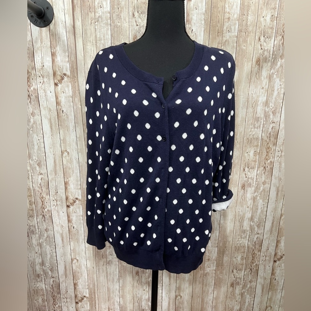 Talbots Blue and‎ White Cardigan with Polka Dots
